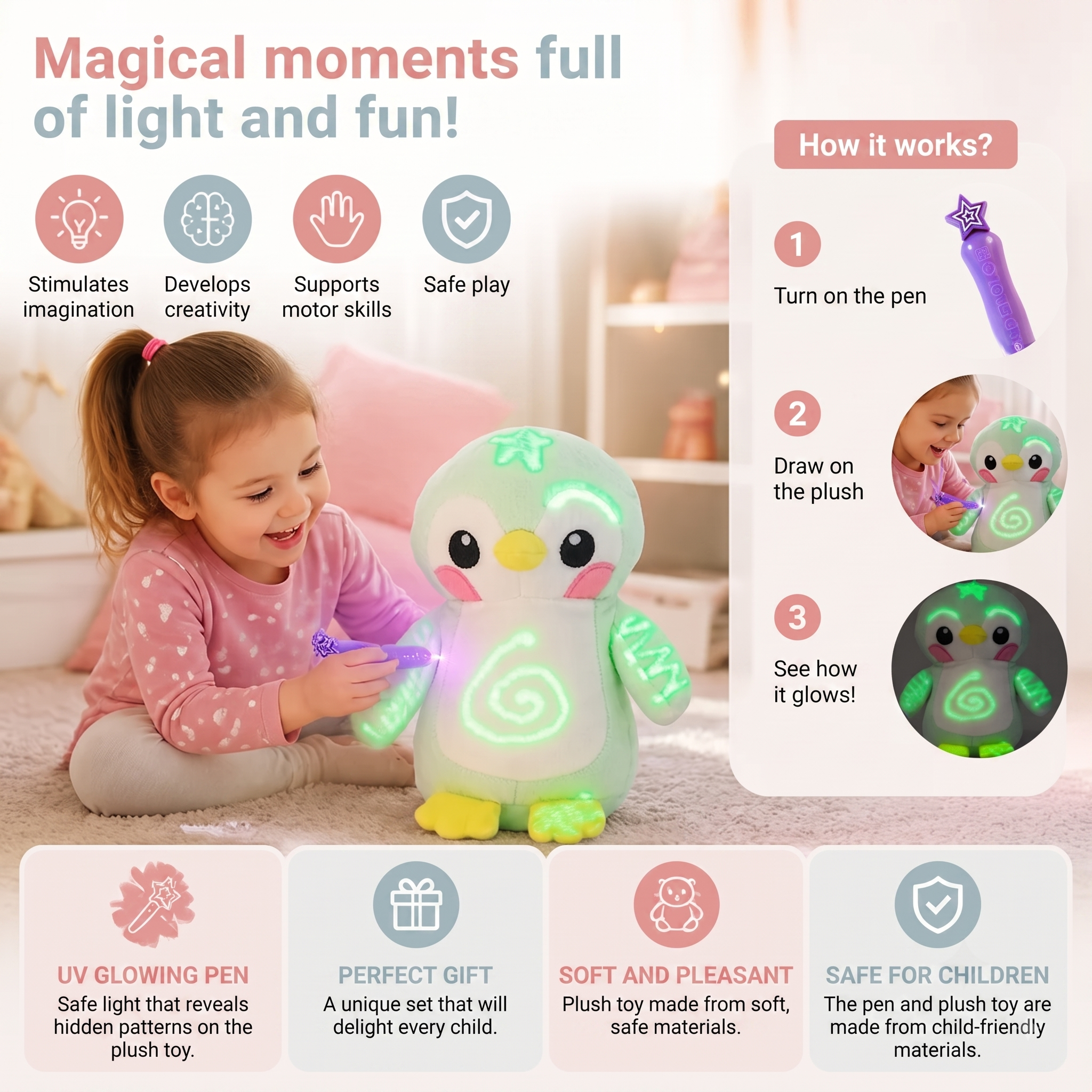 Magic Plush Toys with a Glow Pen - Interactive Plush Toy with a Light Effect for Children