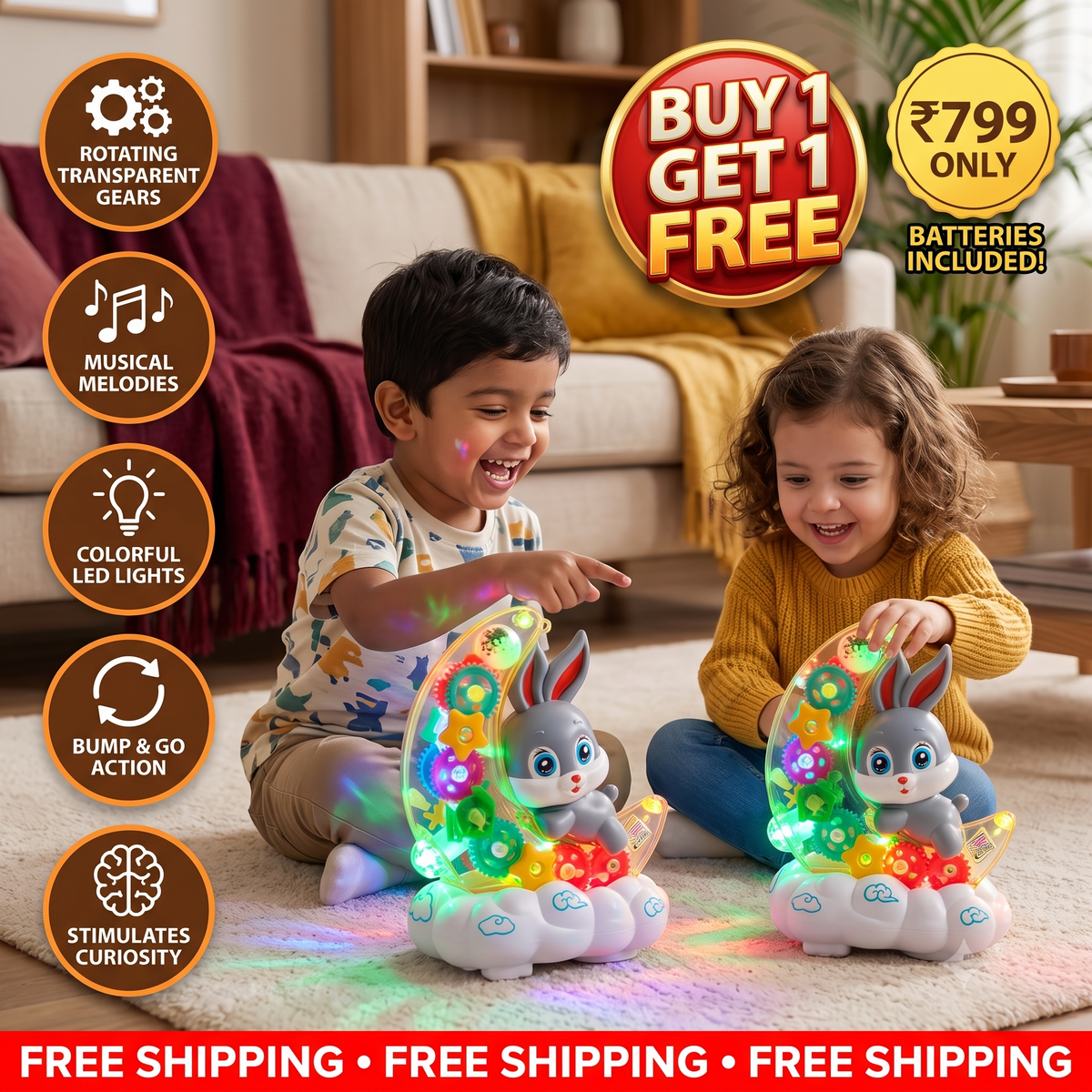 Light-Up Moon Bunny Toy – Transparent Gear Design with Music & LED Lights