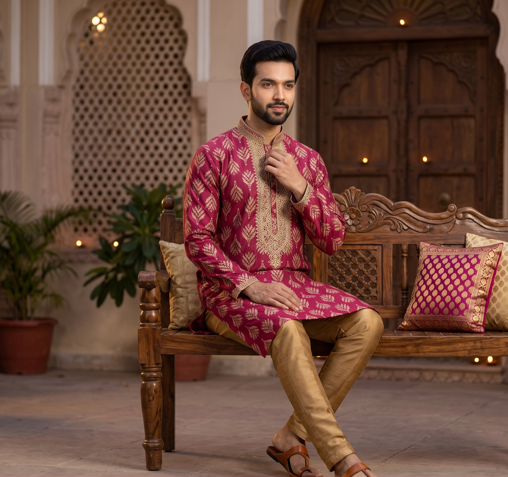 Wine Silk Kurta with Aligarhi Pant