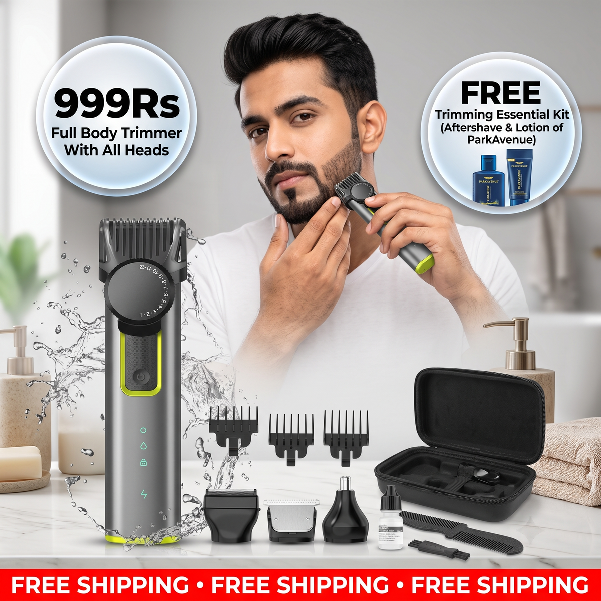 4-in-1 electric grooming set with replaceable trimmer heads | Full Body Grooming | 100% Cut-Free