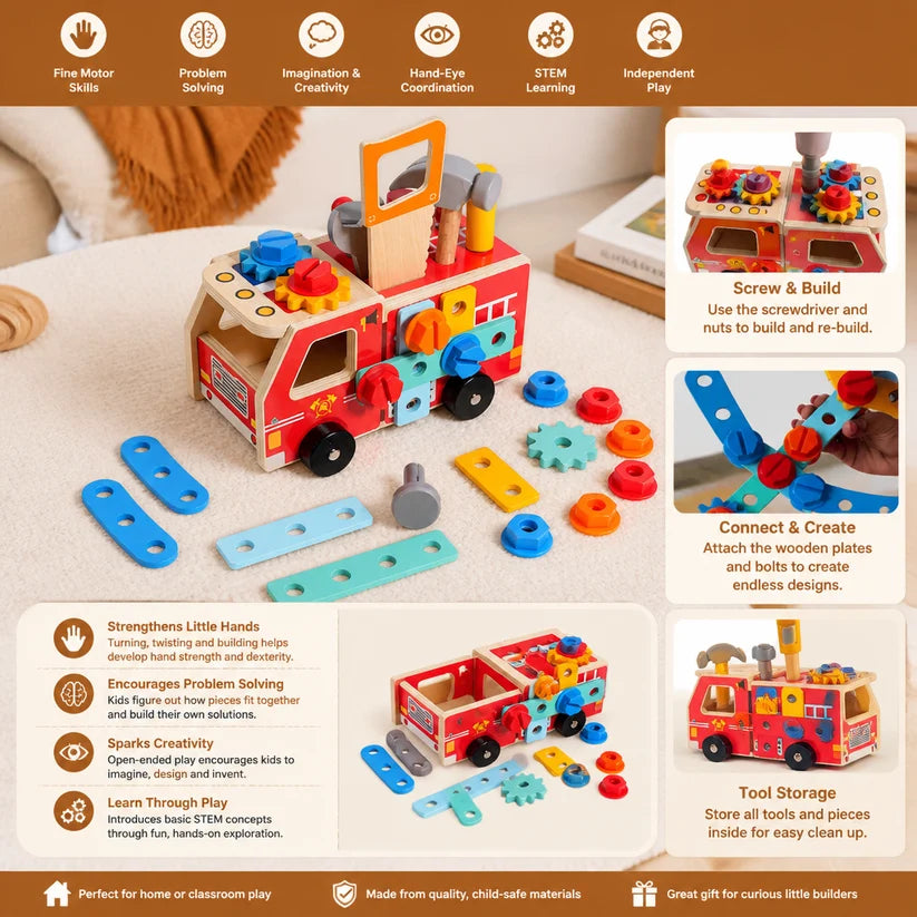 Montessori Wooden Firefighter Tool Box & Building Set | Develop Craft Skills & Creativity