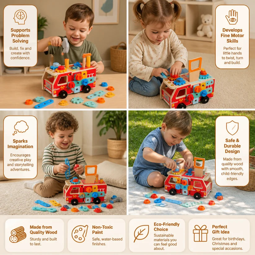 Montessori Wooden Firefighter Tool Box & Building Set | Develop Craft Skills & Creativity
