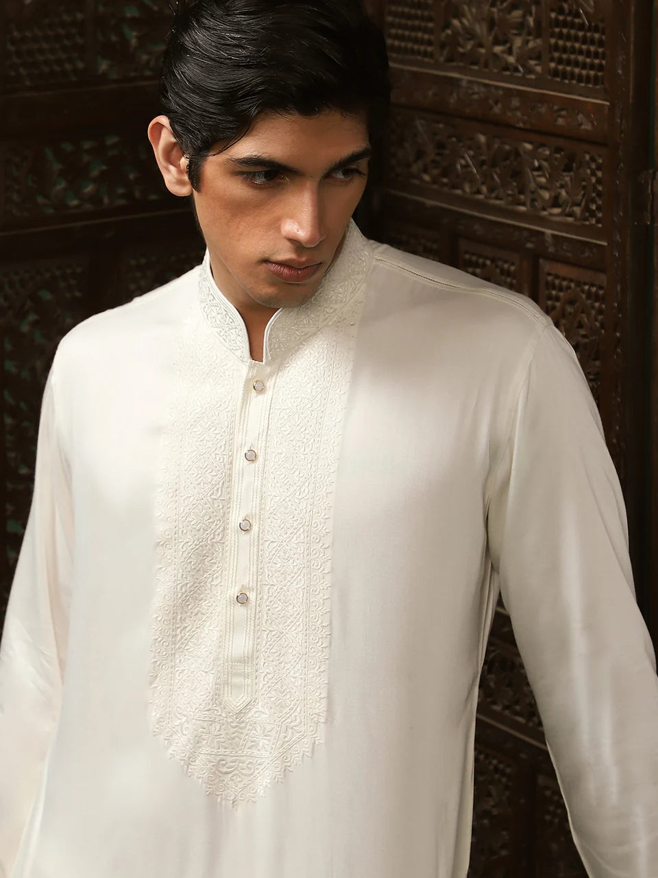 Off-White Twill Embroidered Kurta Set for Men with Mandarin Collar & Off-White Salwar
