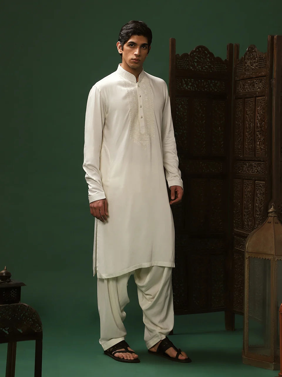 Off-White Twill Embroidered Kurta Set for Men with Mandarin Collar & Off-White Salwar
