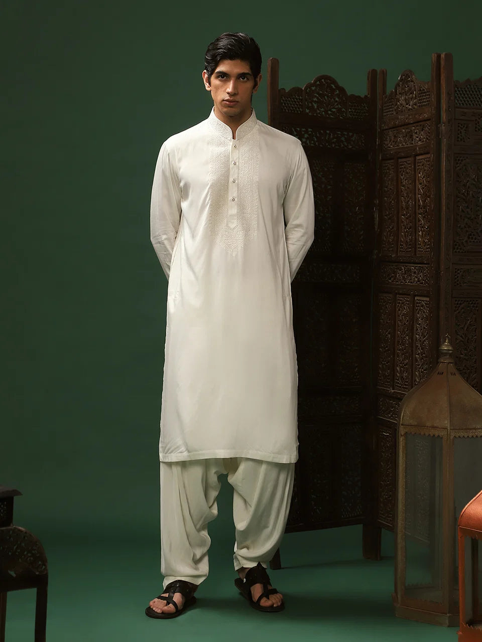 Off-White Twill Embroidered Kurta Set for Men with Mandarin Collar & Off-White Salwar