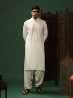 Off-White Twill Embroidered Kurta Set for Men with Mandarin Collar & Off-White Salwar