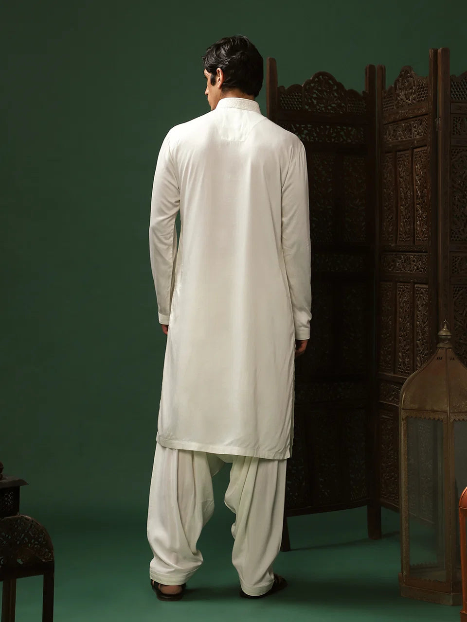 Off-White Twill Embroidered Kurta Set for Men with Mandarin Collar & Off-White Salwar