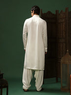 Off-White Twill Embroidered Kurta Set for Men with Mandarin Collar & Off-White Salwar