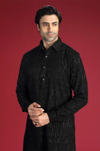 Black Pathani Kurta with Machine Embroidery and Salwar Set