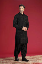 Black Pathani Kurta with Machine Embroidery and Salwar Set