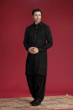 Black Pathani Kurta with Machine Embroidery and Salwar Set