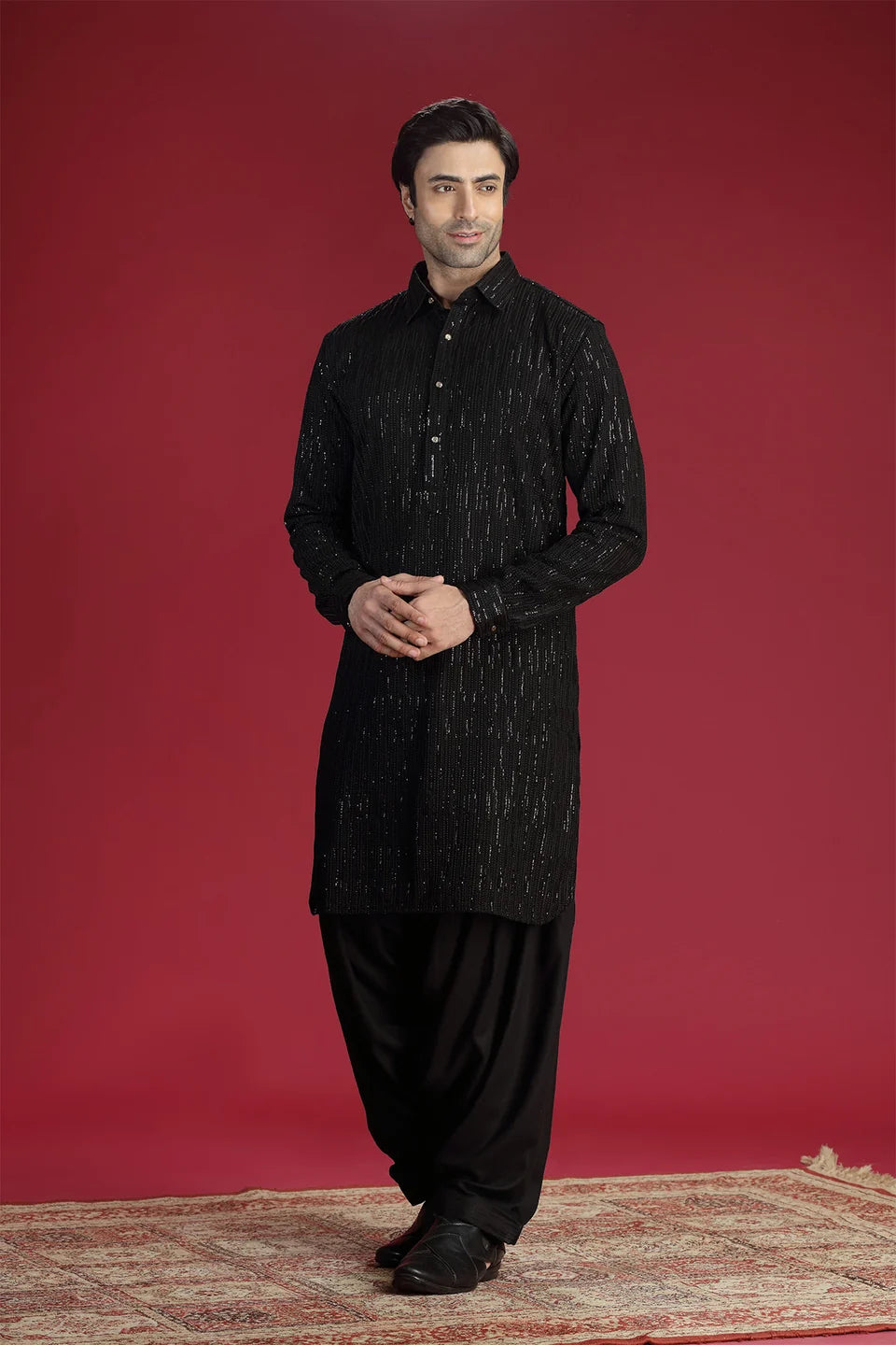 Black Pathani Kurta with Machine Embroidery and Salwar Set