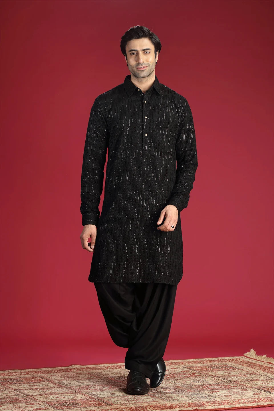 Black Pathani Kurta with Machine Embroidery and Salwar Set