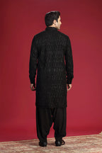 Black Pathani Kurta with Machine Embroidery and Salwar Set