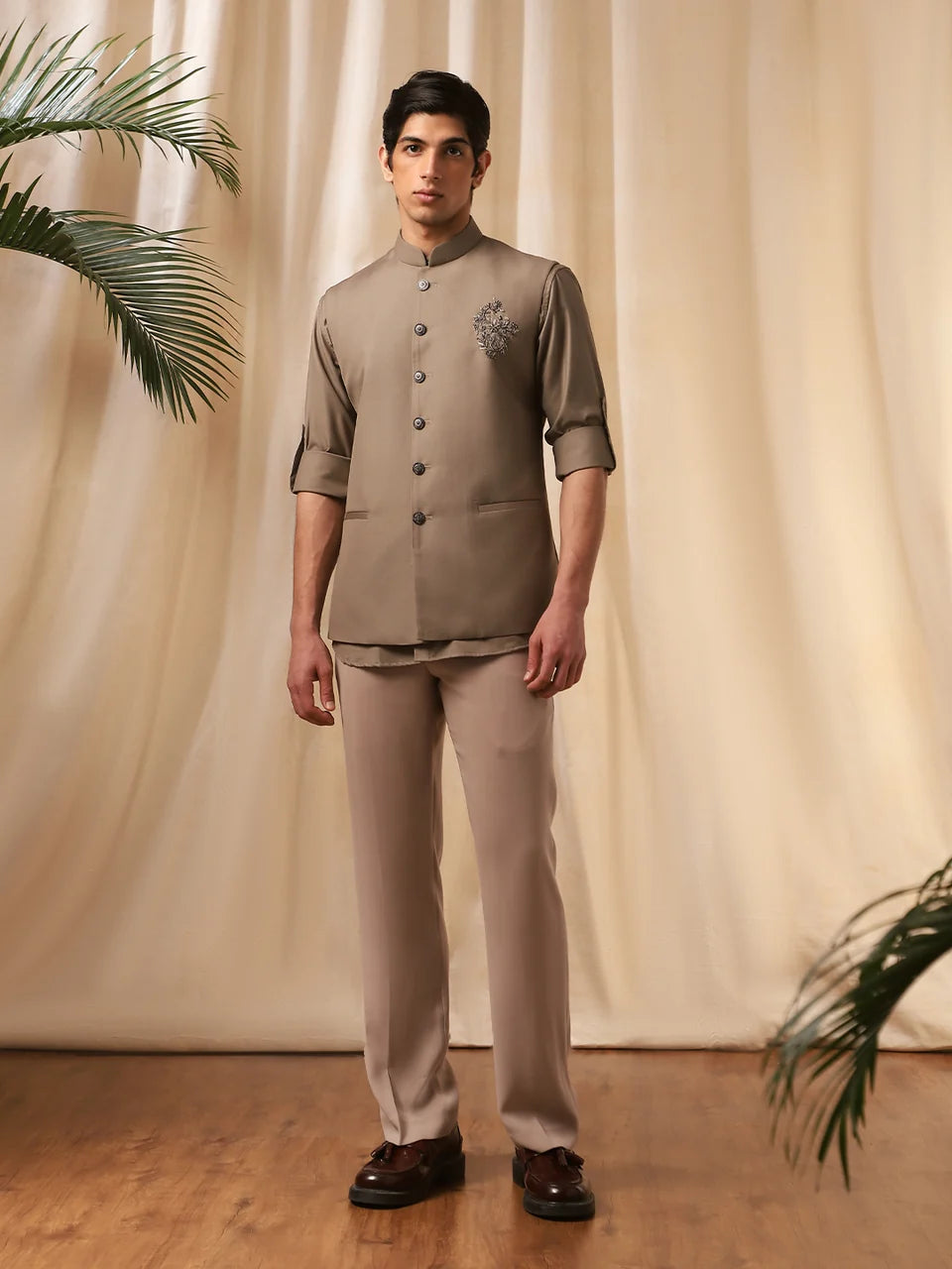 Dark Fawn Rose Embroidery Bandi Shirt for Men
