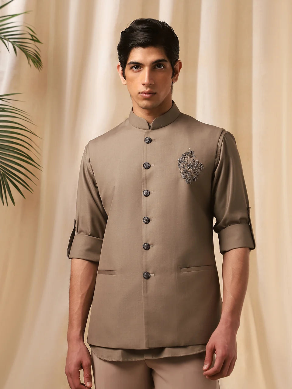 Dark Fawn Rose Embroidery Bandi Shirt for Men