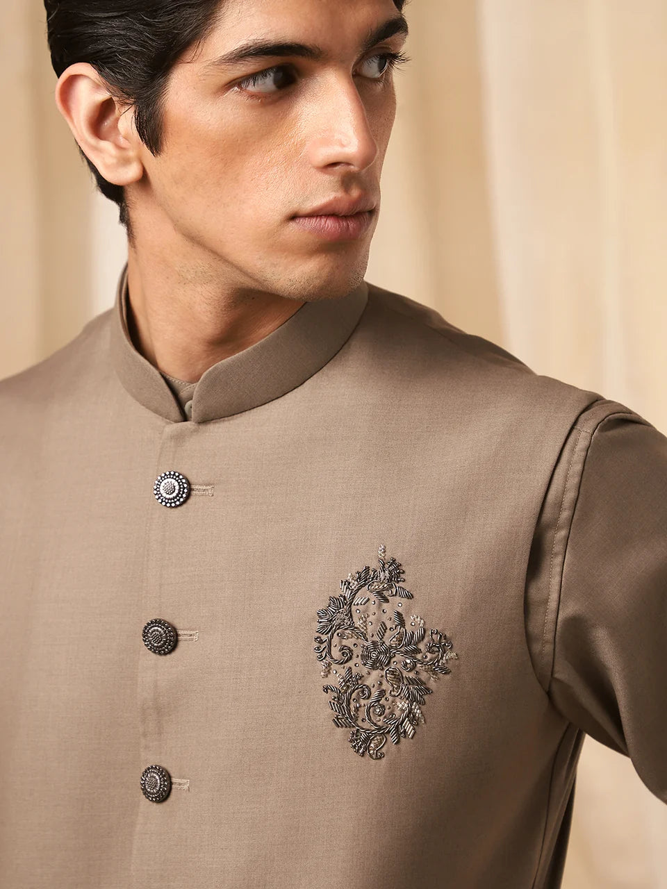 Dark Fawn Rose Embroidery Bandi Shirt for Men