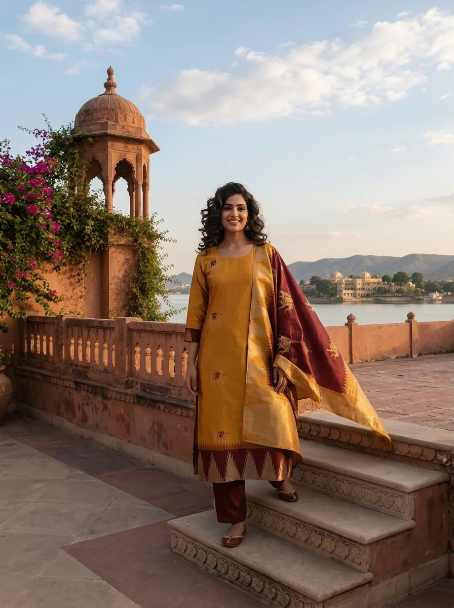 Mustard Tissue Elephant Butta With Temple Weaved Three Piece Set