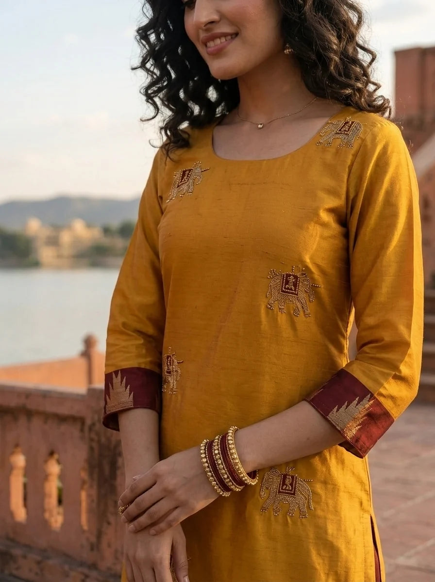 Mustard Tissue Elephant Butta With Temple Weaved Three Piece Set