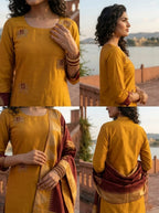 Mustard Tissue Elephant Butta With Temple Weaved Three Piece Set