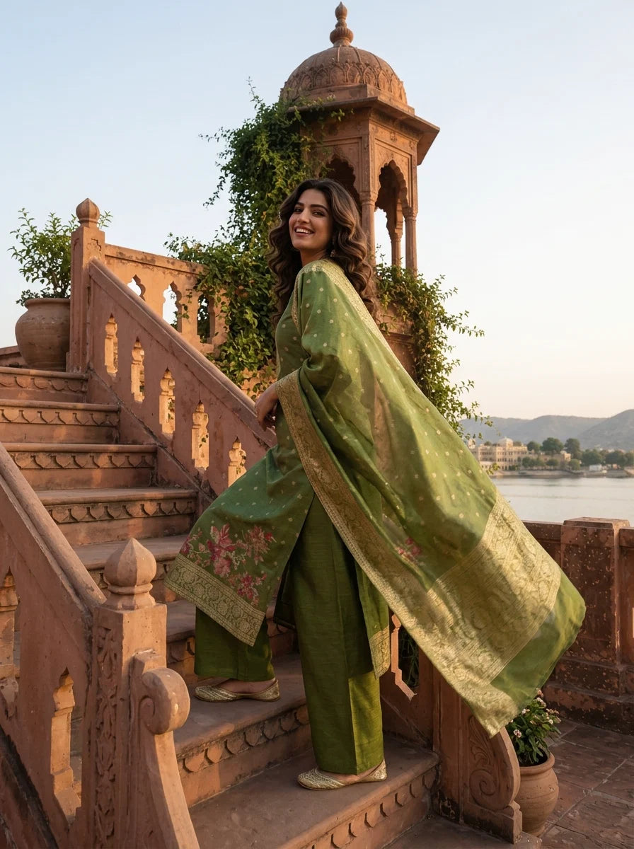 Mehadi Green Silk Multi-Color Floral Woven Jaal Weaved Three Piece Set