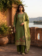 Mehadi Green Silk Multi-Color Floral Woven Jaal Weaved Three Piece Set