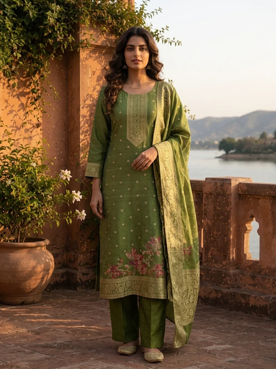 Mehadi Green Silk Multi-Color Floral Woven Jaal Weaved Three Piece Set