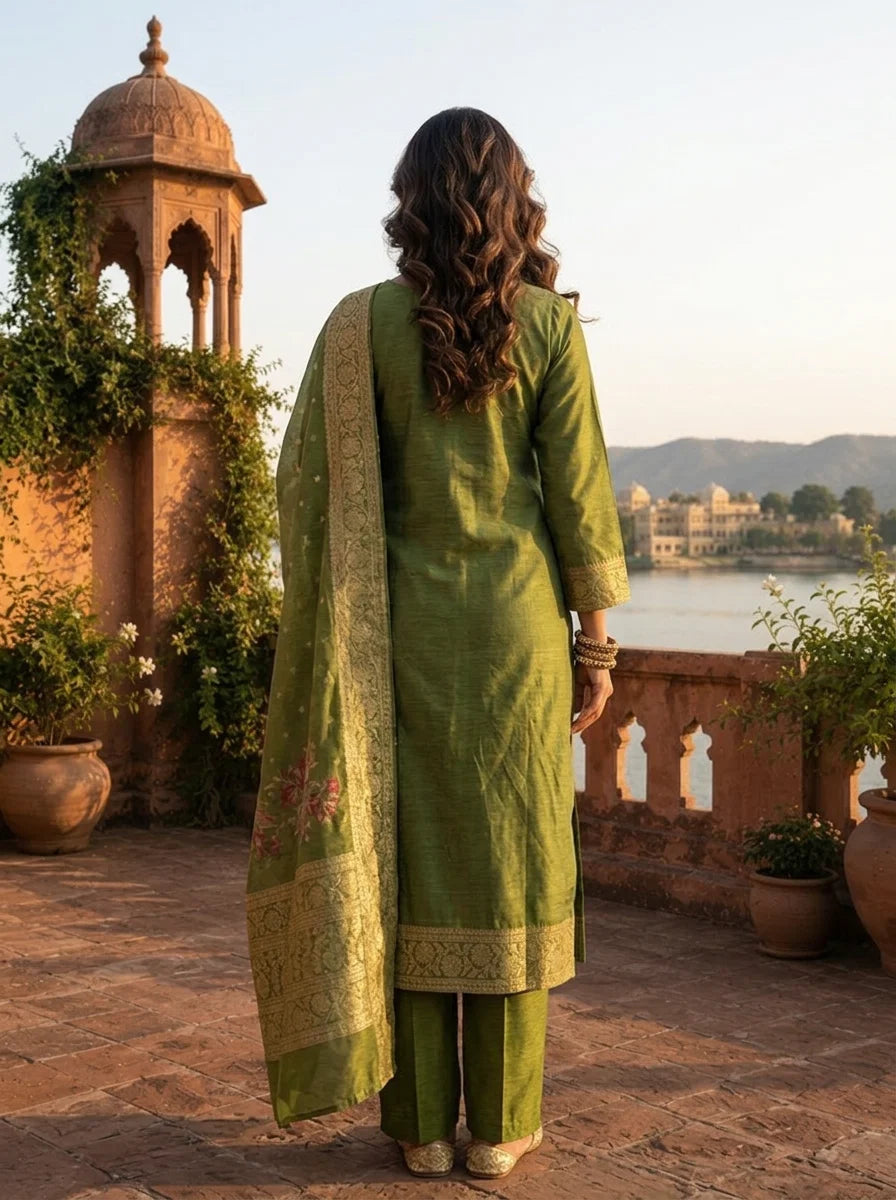Mehadi Green Silk Multi-Color Floral Woven Jaal Weaved Three Piece Set
