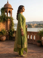 Mehadi Green Silk Multi-Color Floral Woven Jaal Weaved Three Piece Set