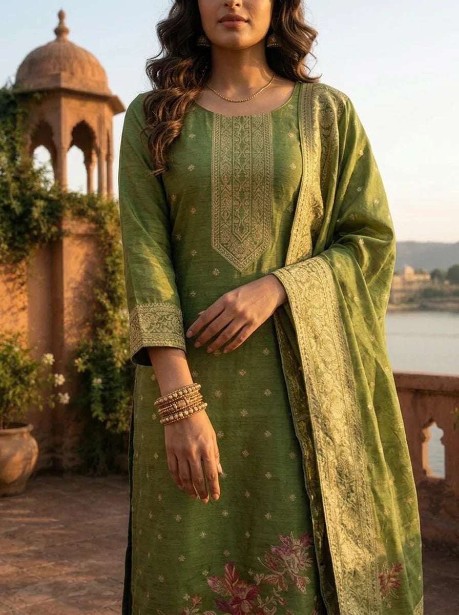 Mehadi Green Silk Multi-Color Floral Woven Jaal Weaved Three Piece Set