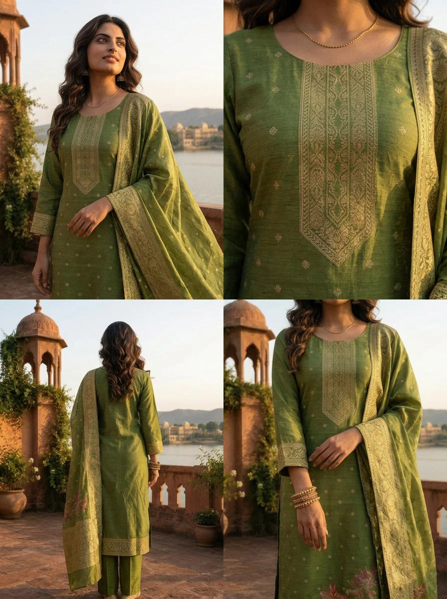 Mehadi Green Silk Multi-Color Floral Woven Jaal Weaved Three Piece Set