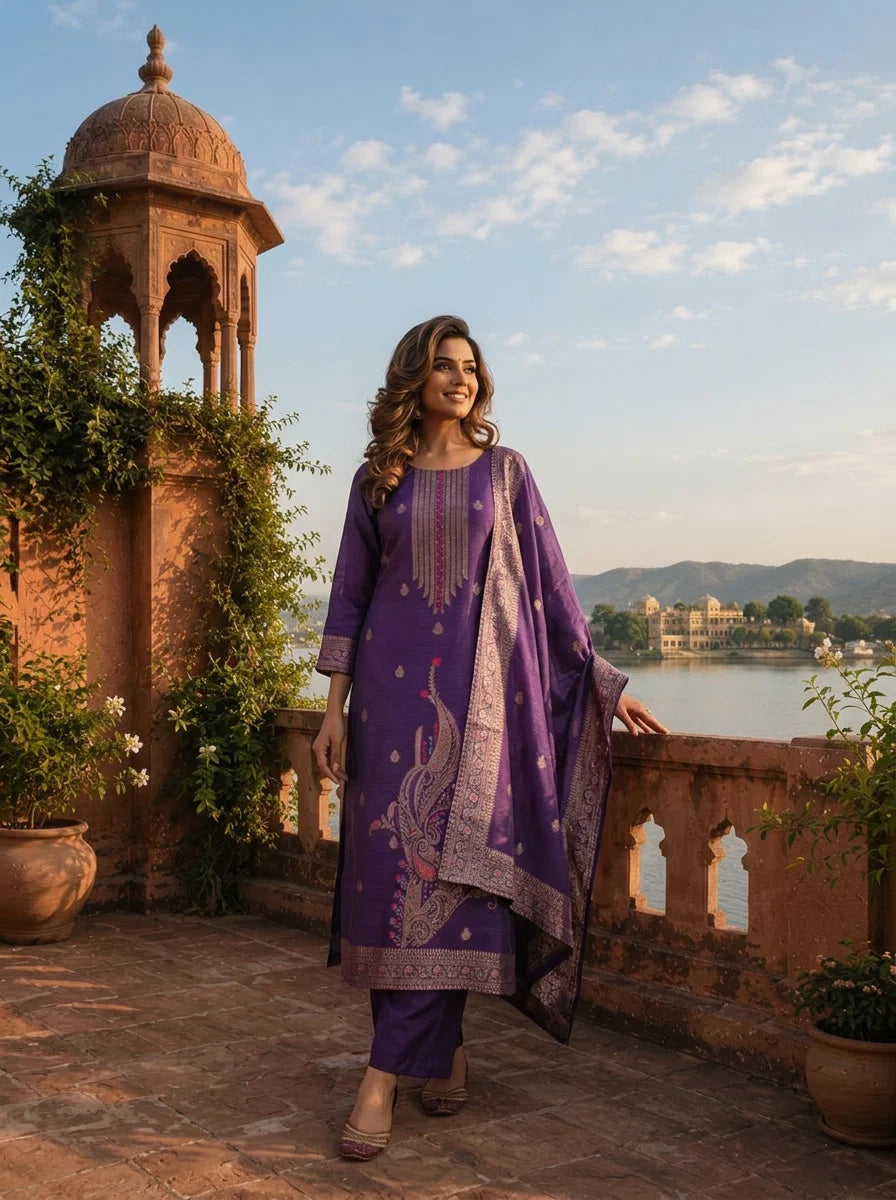 Purple Silk Vertical Linear Zari Paisley Motif Weaved Three Piece Set