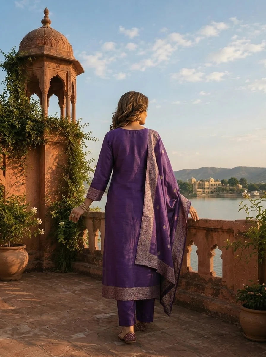 Purple Silk Vertical Linear Zari Paisley Motif Weaved Three Piece Set