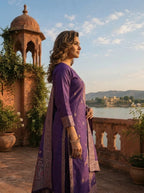 Purple Silk Vertical Linear Zari Paisley Motif Weaved Three Piece Set
