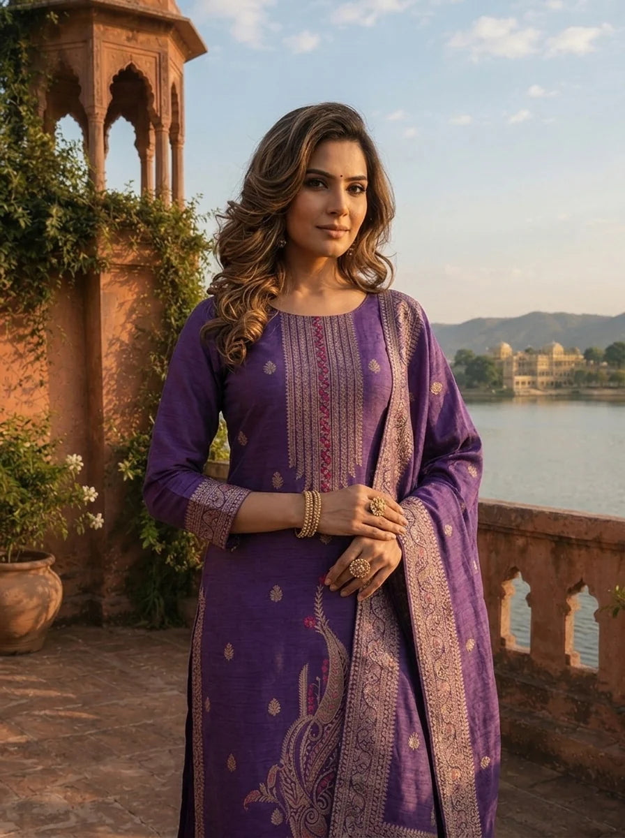 Purple Silk Vertical Linear Zari Paisley Motif Weaved Three Piece Set