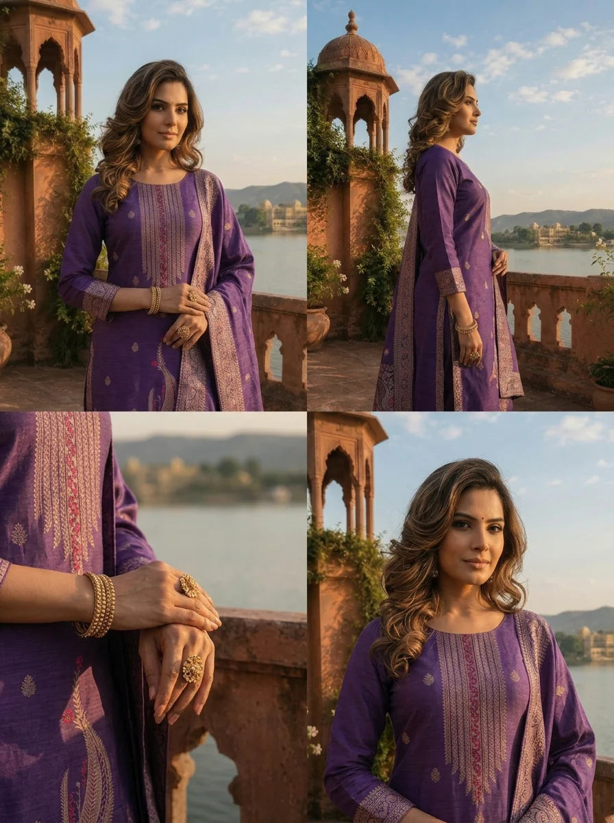 Purple Silk Vertical Linear Zari Paisley Motif Weaved Three Piece Set