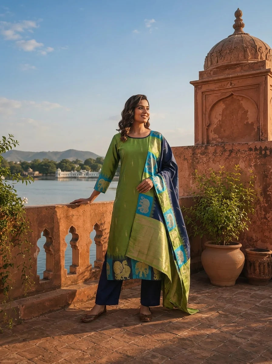 Green Silk Animal Motif Weaved Three Piece Set