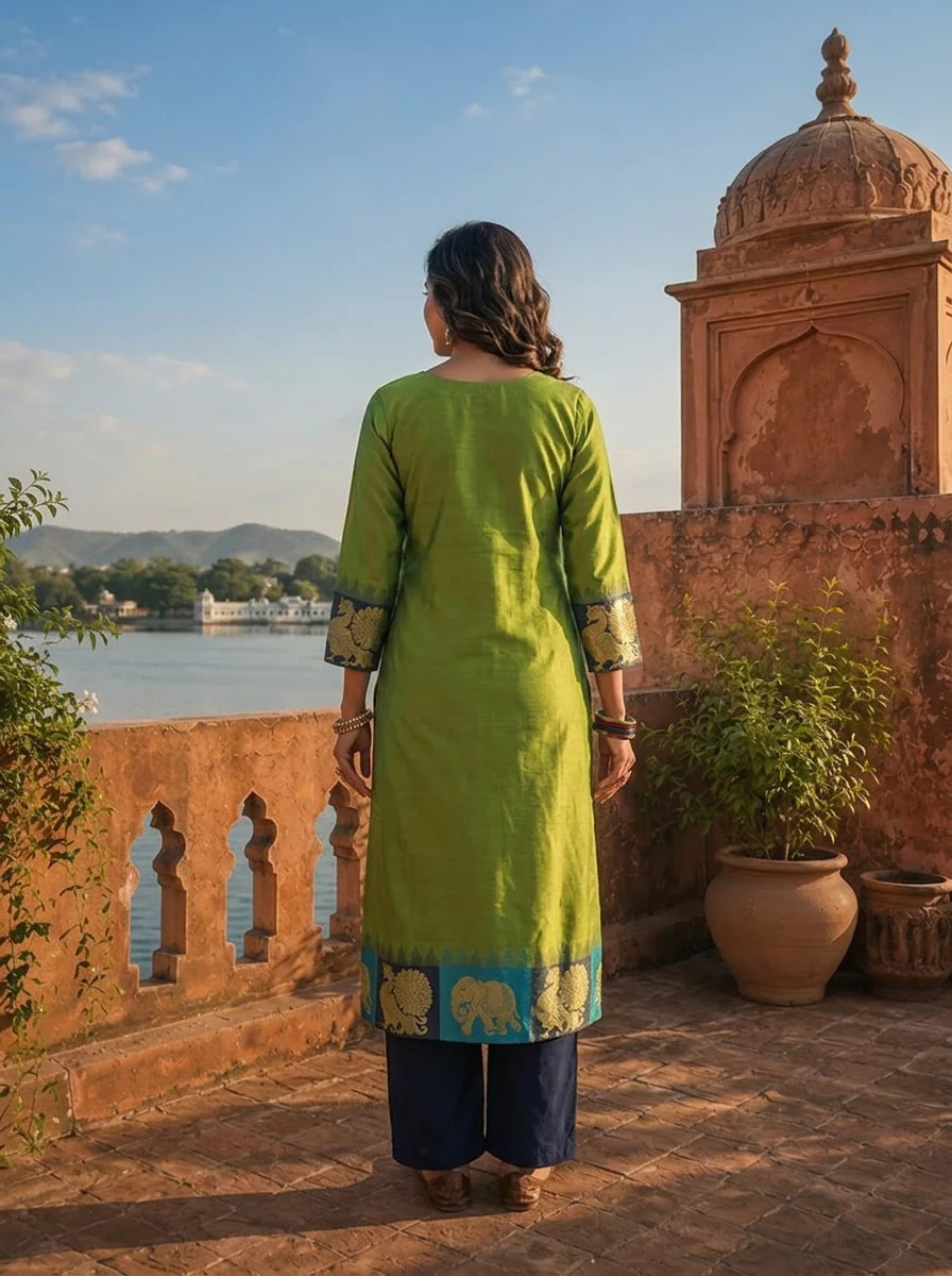 Green Silk Animal Motif Weaved Three Piece Set