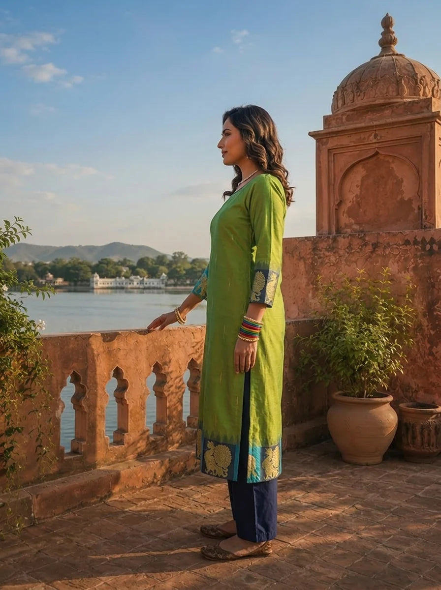 Green Silk Animal Motif Weaved Three Piece Set