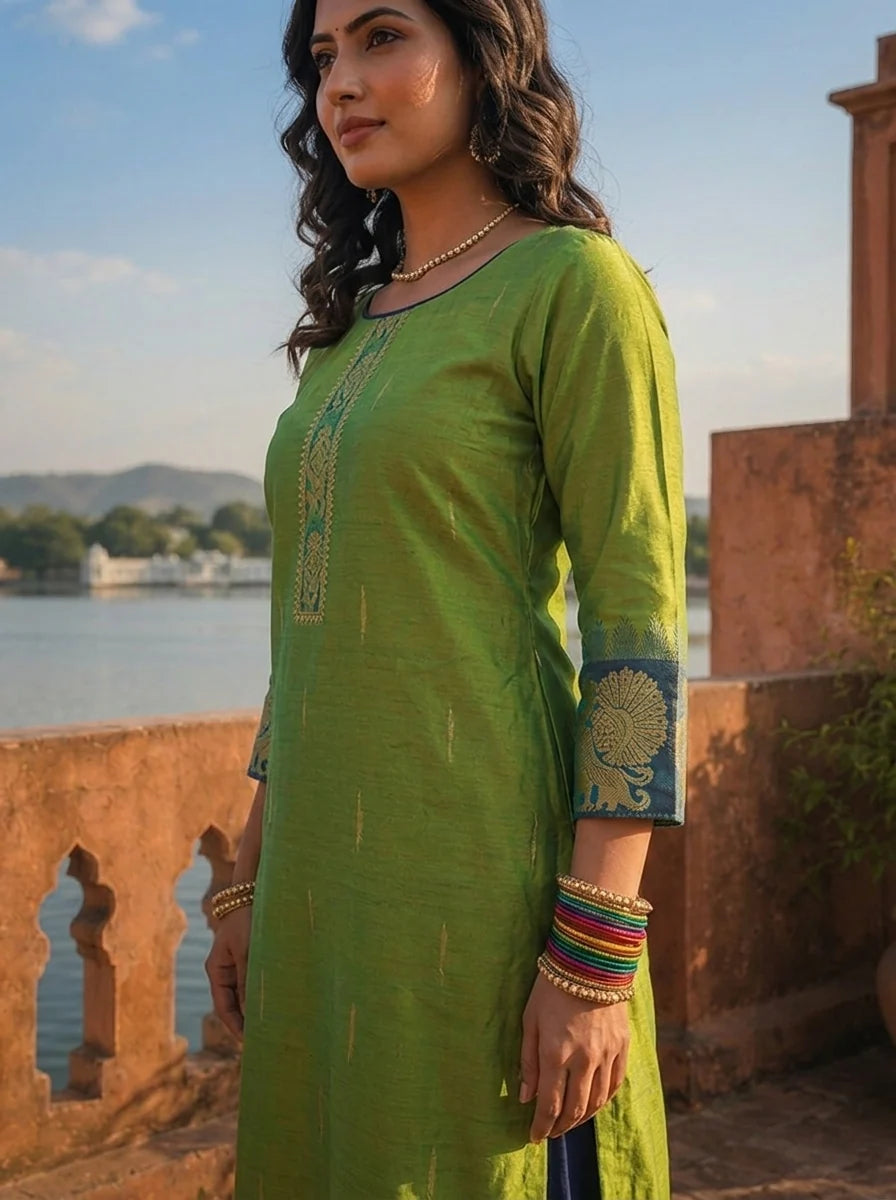 Green Silk Animal Motif Weaved Three Piece Set