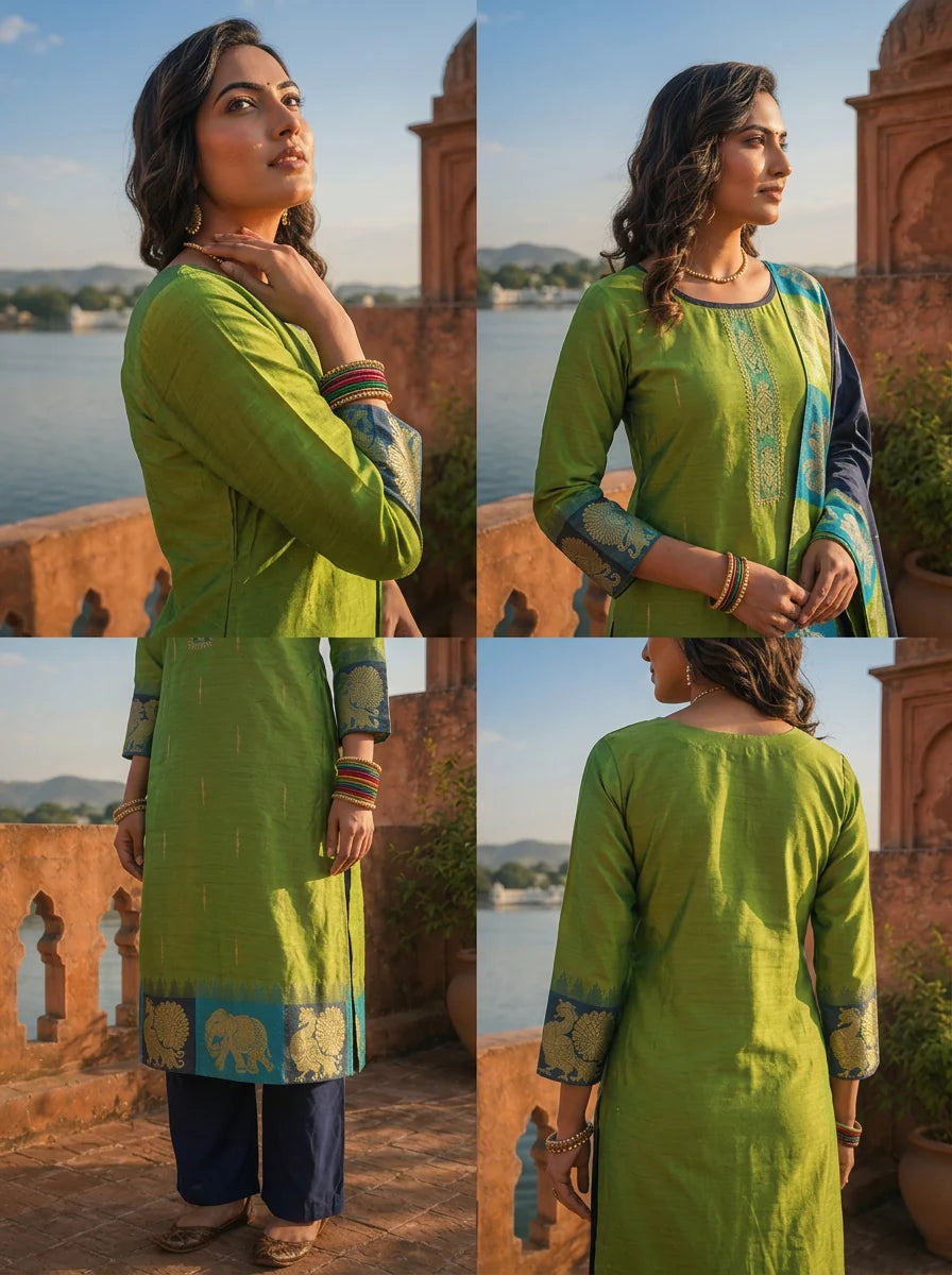 Green Silk Animal Motif Weaved Three Piece Set