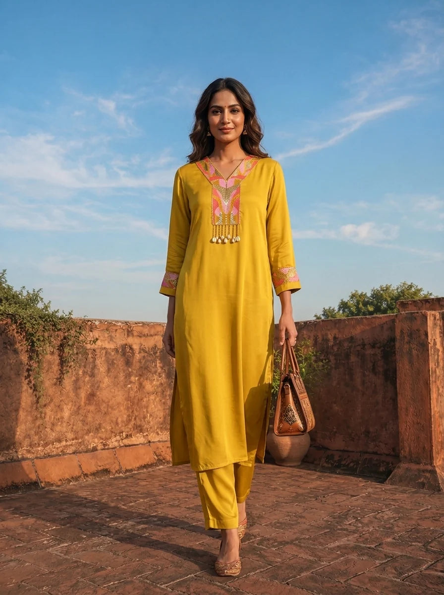 Mustard Rayon Sequins And Thread Embroidered Two Piece Set