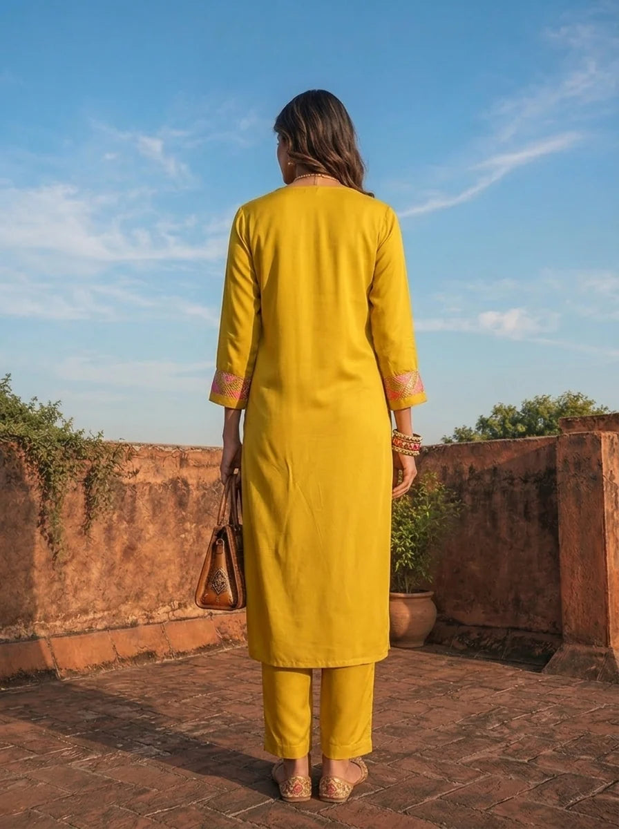 Mustard Rayon Sequins And Thread Embroidered Two Piece Set