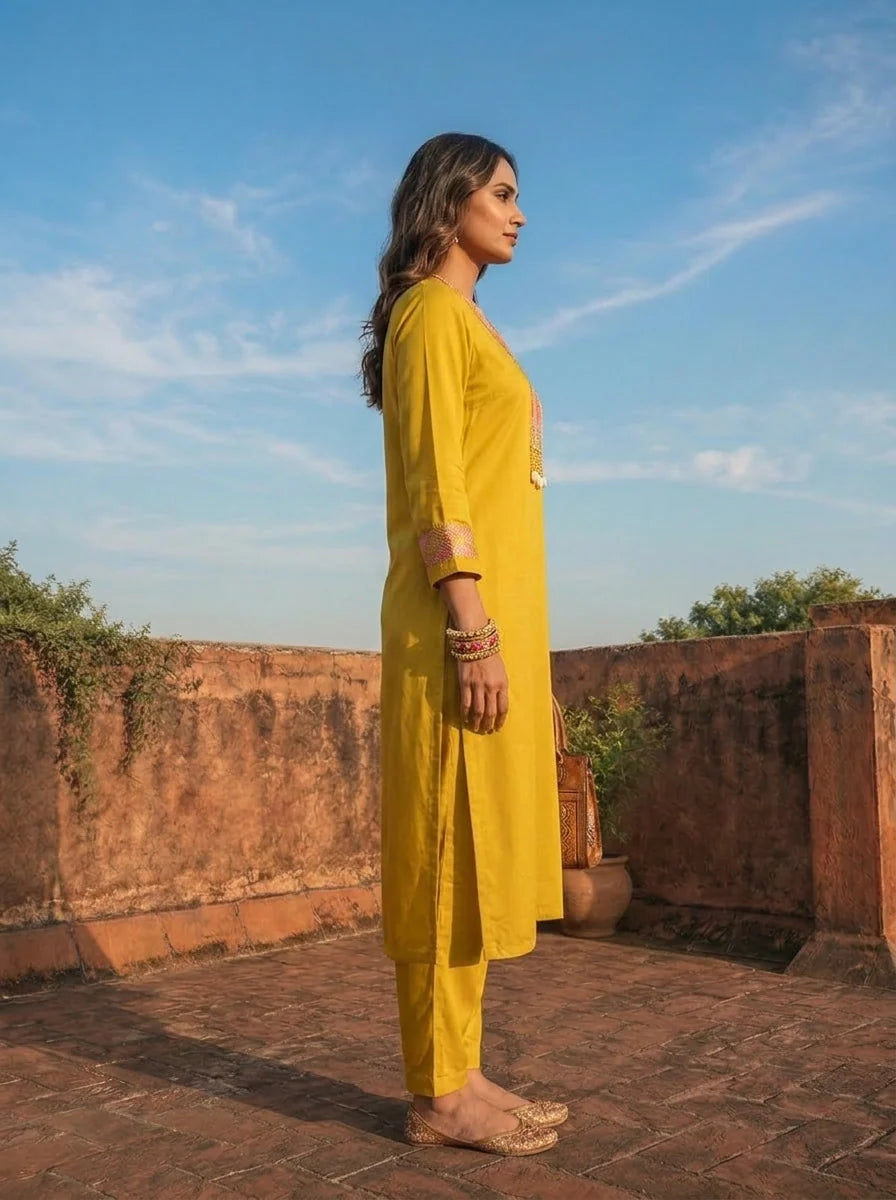 Mustard Rayon Sequins And Thread Embroidered Two Piece Set