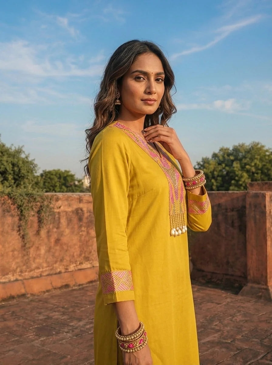 Mustard Rayon Sequins And Thread Embroidered Two Piece Set
