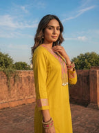 Mustard Rayon Sequins And Thread Embroidered Two Piece Set