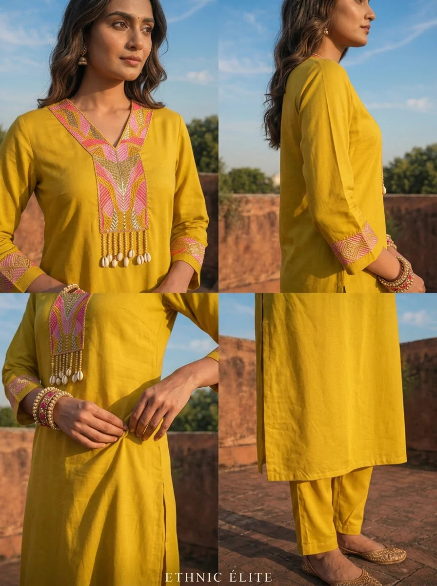 Mustard Rayon Sequins And Thread Embroidered Two Piece Set