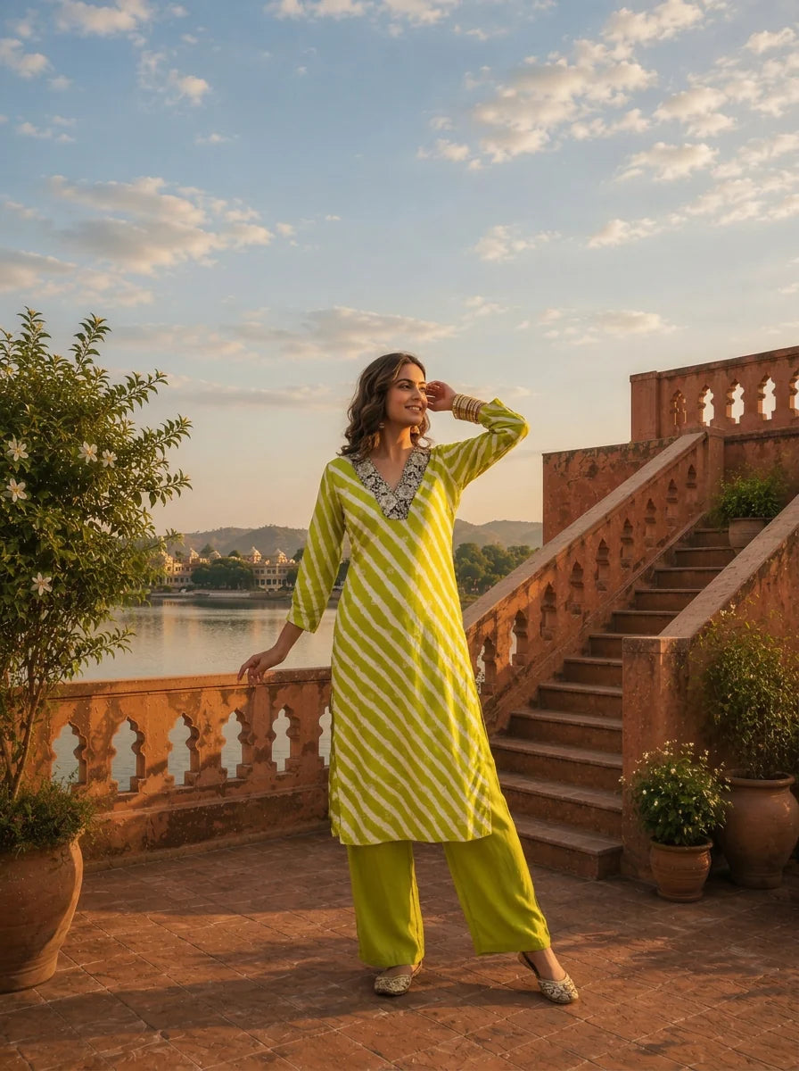 Lime Muslin Floral Zari Embroidery And Leheriya Printed Two Piece Set