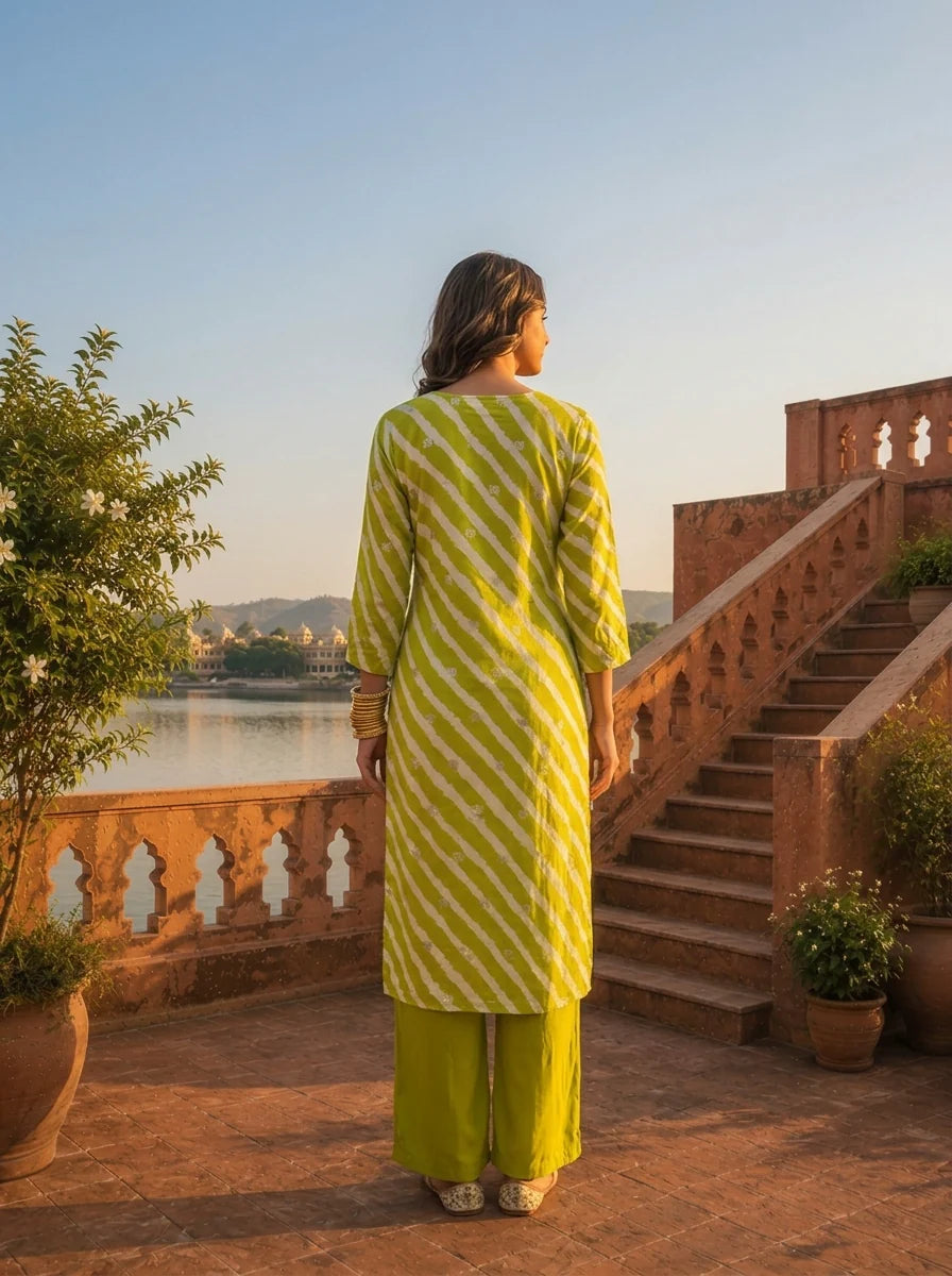 Lime Muslin Floral Zari Embroidery And Leheriya Printed Two Piece Set