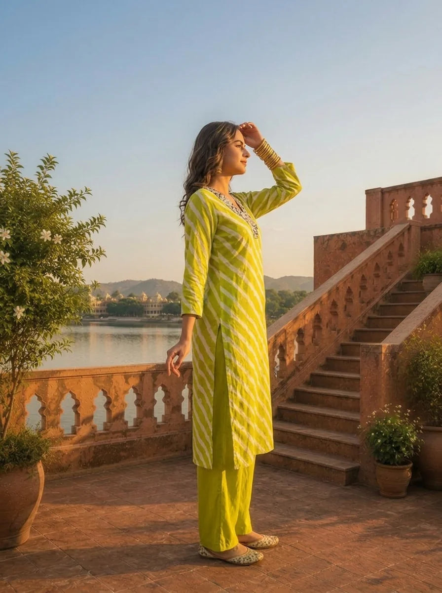 Lime Muslin Floral Zari Embroidery And Leheriya Printed Two Piece Set